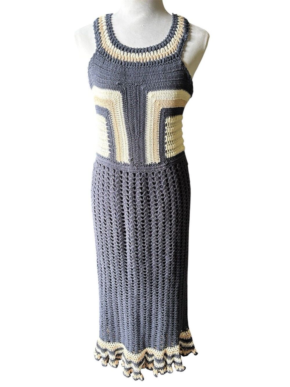 Cleobella Drew Hand Crochet Cotton Lined Midi Dress Navy Blue Cottagecore S